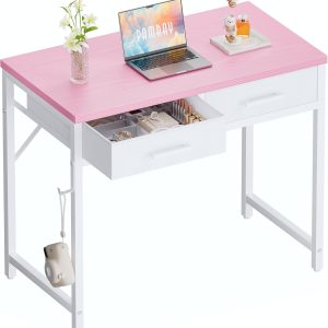Pamray 32 Inch Small Computer Desk with 2 Drawers for Bedroom Study Writing Home Office Table for Small Spaces Pink