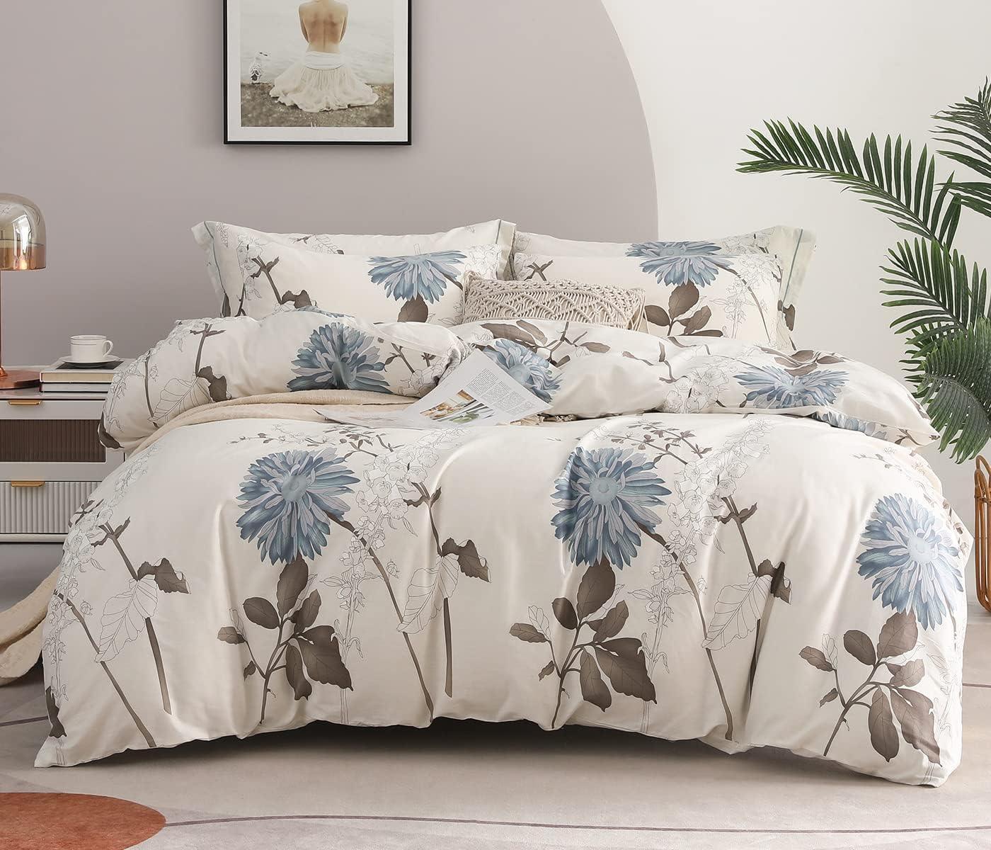 SLEEPBELLA Comforter King Size, 600 Thread Count Cotton Brown Branches and Blue Flowers Off-White Comforter Sets, Down Alternative Bedding Set 3Pcs(King, Off-White Botanical) - Image 3