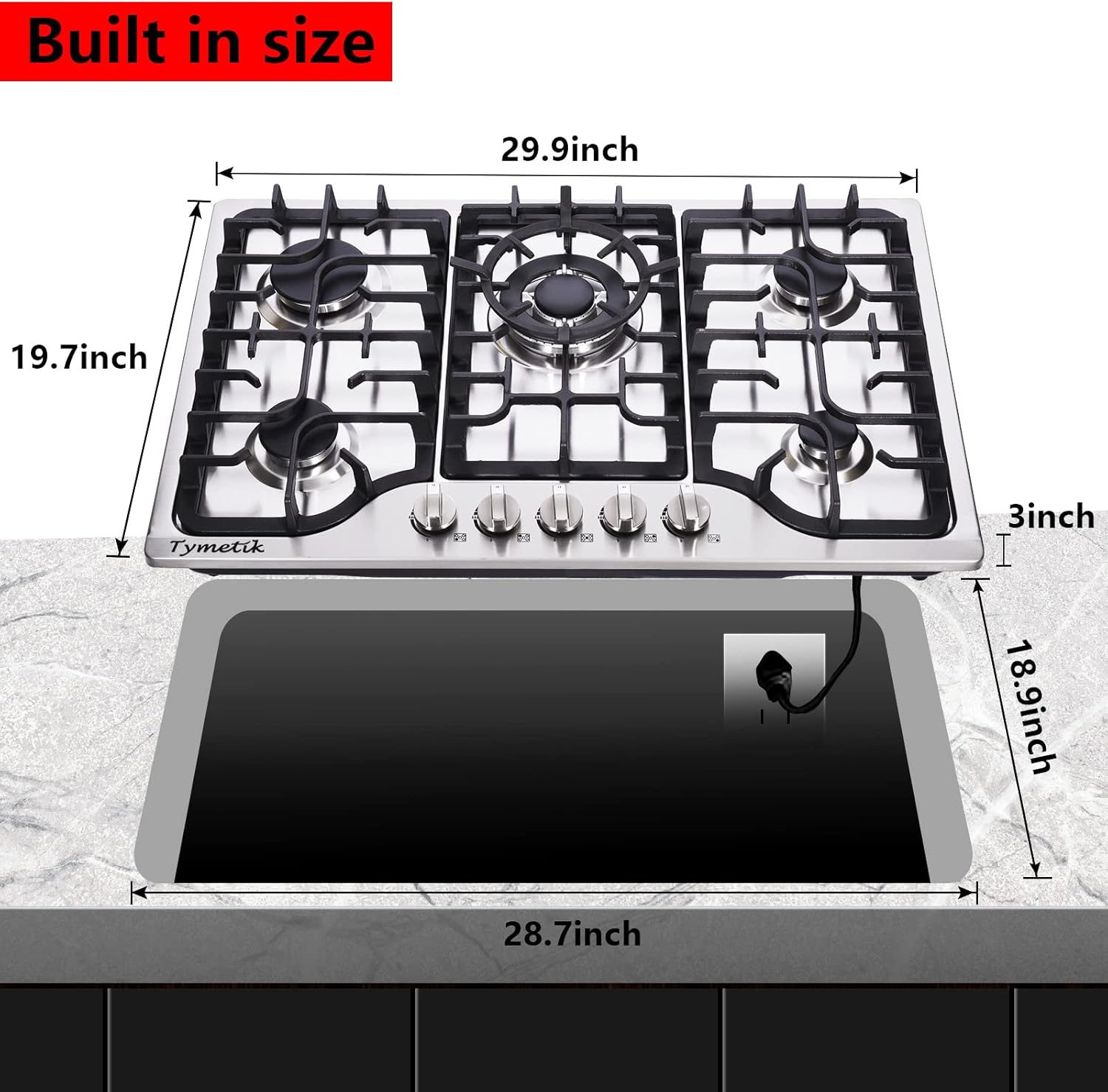 30 Inch Gas Cooktop, 5 High Efficiency Burners Gas Stovetop Built-in Stainless Steel Gas Stove Propane/Natural Gas Convertible Gas Hob - Image 5