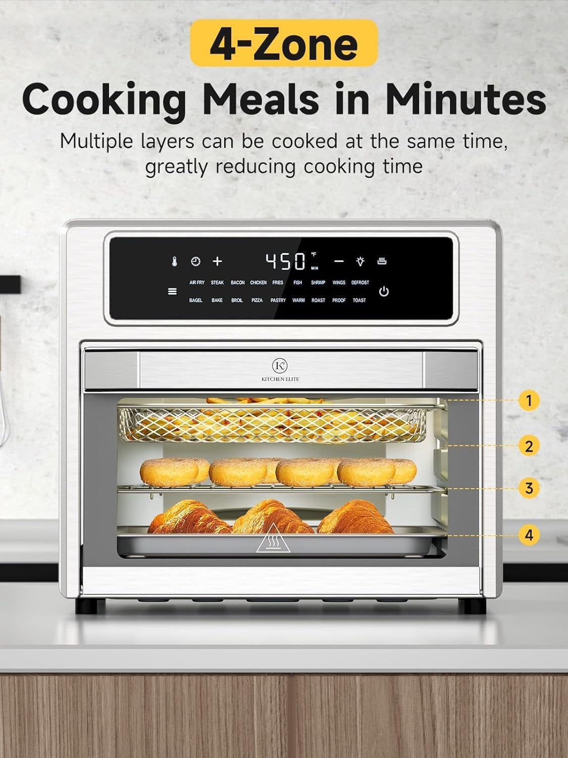 Kitchen Elite Air Fryer Toaster Oven Combo, 26.4 Qt Convection Oven Countertop, 18-in-1, Stainless Steel Large Airfryer, 4 Zone with Accessories, Digital Full Touch Screen, Easy to Clean - Image 5