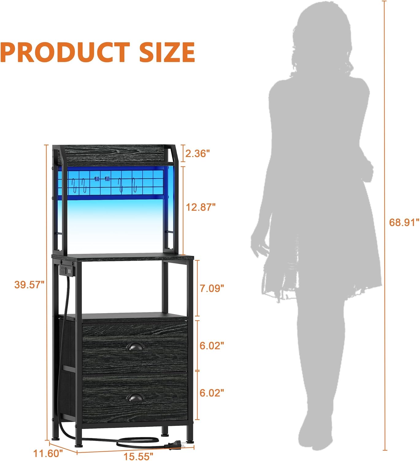 Furologee 40'' Tall Nightstand with Charging Station, Bedside Table with LED Lights, End Table with 2 Drawers and Storage Shelves, Night Stand with Pegboard for Bedroom, Black Oak - Image 2