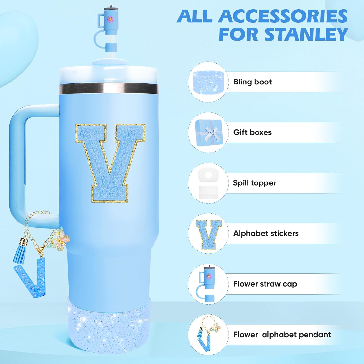 Blue Accessories for Stanley Cup Accessories 30OZ 40OZ, All Accessories Gift Box Contain Flower Straw Topper, Sillicone Boot, Letter Stickers and Pendants,Spill Stopper Set (Blue V) - Image 2