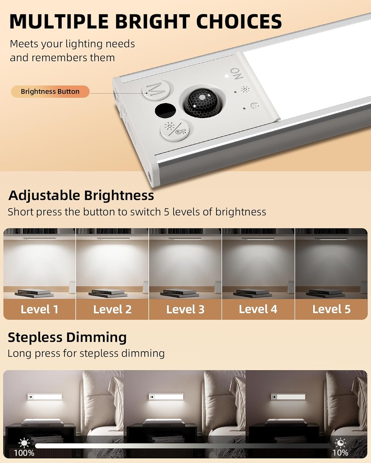 EZVALO 10inch Under Cabinet Lighting, LED Motion Sensor Light Indoor, 2400mAh USB Rechargeable Closet Lights, Dimmable & Magnetic Wireless Under Counter Lights for Kitchen, Pantry, Stairs (2 Pack) - Image 6