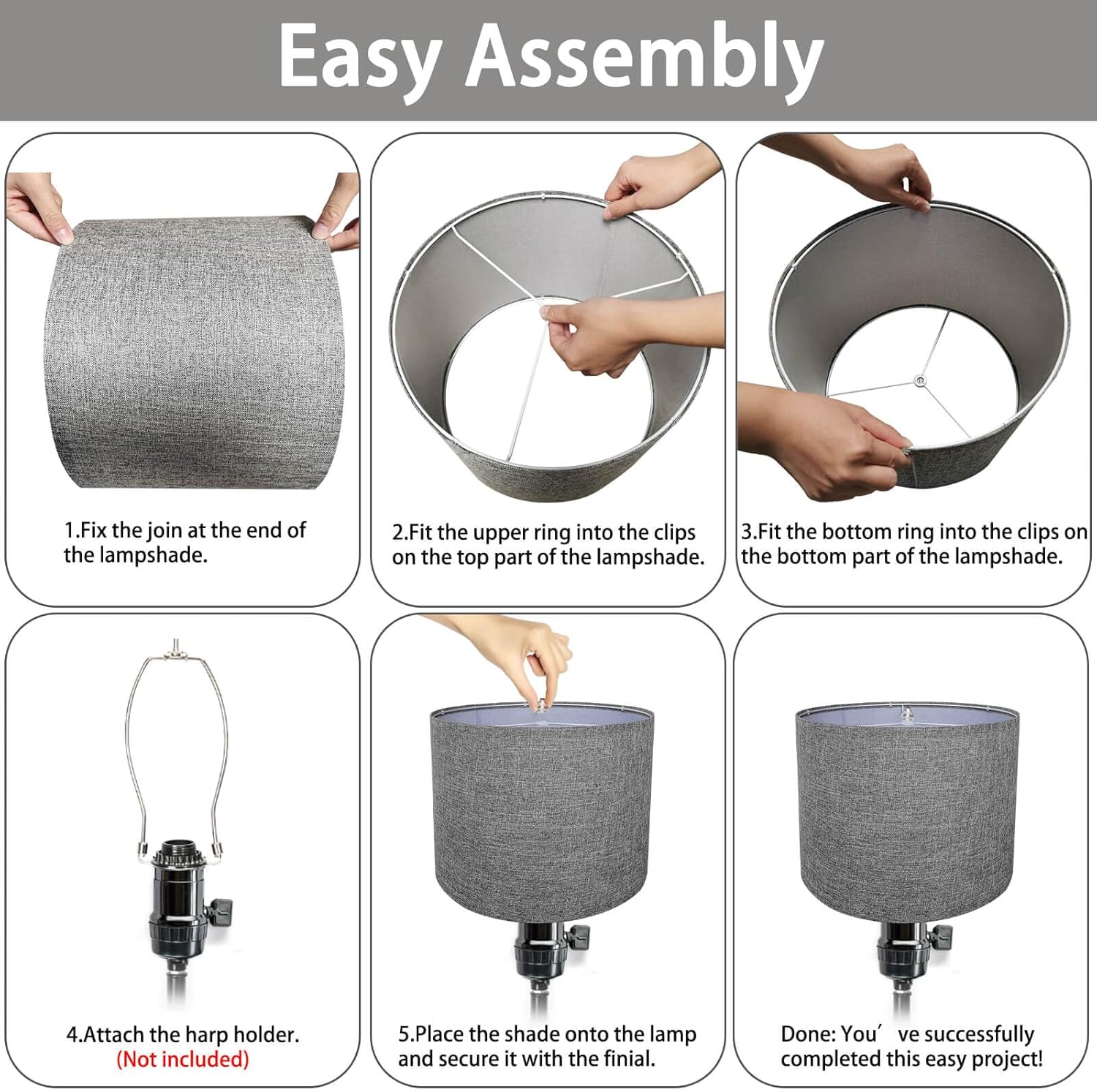 Drum Lamp Shades Set of 2, Gray Lamp Shade for Table Lamp, 13" Top x 13" Bottom x 10" High Fabric Large Lampshade, Decorative Lamp Shades, Easy Assembly Required (Gray) - Image 8