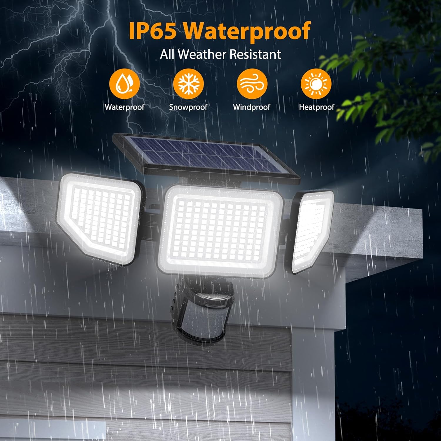 Onforu 4500LM Solar Lights Outdoor, 3 Heads Security Lights with Remote Control, IP65 Waterproof Motion Sensor Lights, 3 Modes Flood Lights for Wall, Porch, Yard, Outside, 2 Pack - Image 6