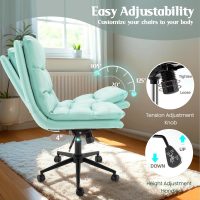 Esright Criss Cross Chair with Wheels Thick Cusion, 18" High Back Cross Legged Office Chair Comfty Office Chair with Extra Wide Seat 360°Swivel Adjustable Cute Compute Chair Premium Leather Green - Image 4