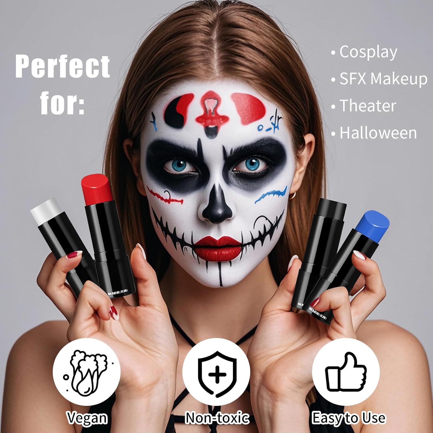 Clown White Face Paint Stick, Portable Eye Black Stick for Sports, Full-coverage Cream Face Paint for Halloween SFX Makeup Cosplay Joker Costume Parties, Cream Grease Sticks - Image 3