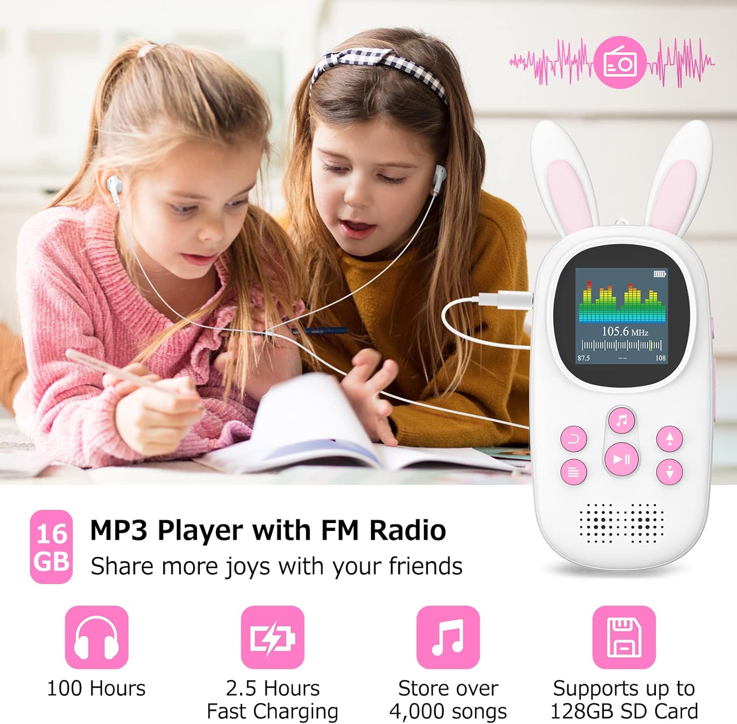 32GB MP3 Music Player for Kids, Cute Bunny Kids Music MP3 Player with Bluetooth, MP3 & MP4 Players with Speaker, MP3 Player with FM Radio, Recordings, Alarm, Pedometer, Stopwatch, Support up to 128GB - Image 5