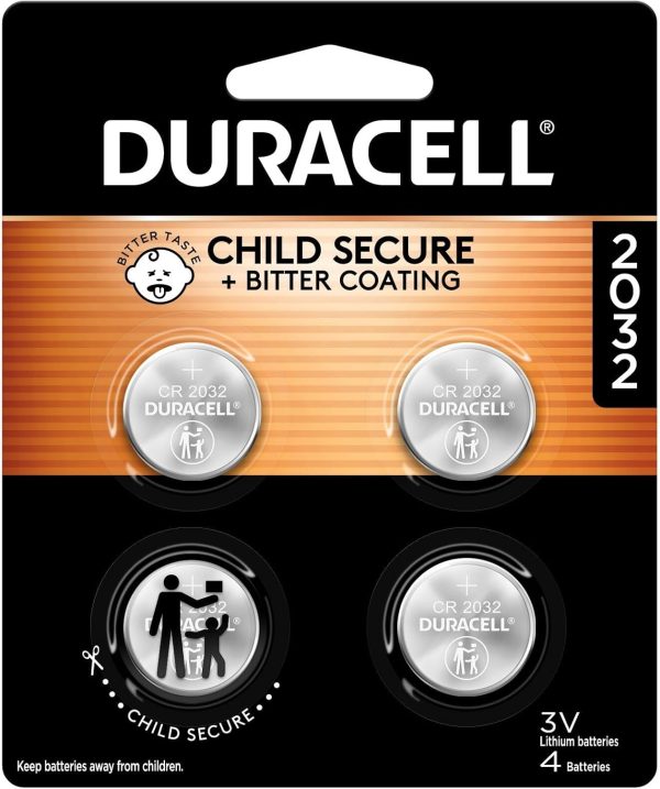 Duracell 2032 Lithium Battery. 4 Count Pack. Child Safety Features. Compatible with Apple AirTag, Key Fob, and other devices. CR2032 3V Cell. 2032 Battery, Lithium Coin