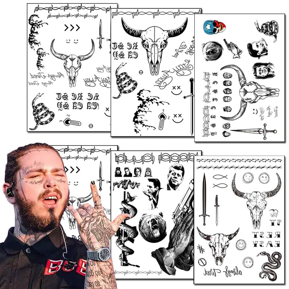 6 Sheets Temporary Tattoos Kit - Fake Body Art for Women, Men, & Kids - Face Tattoos for Festival, Cosplay & Halloween Costume Accessories