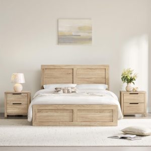 3 Pieces Bedroom Set, Queen Size Wood Platform Bed Frame and 2 Nightstands, Storage Nightstand with Type-C Charging Port, Farmhouse Bedroom Furniture Set