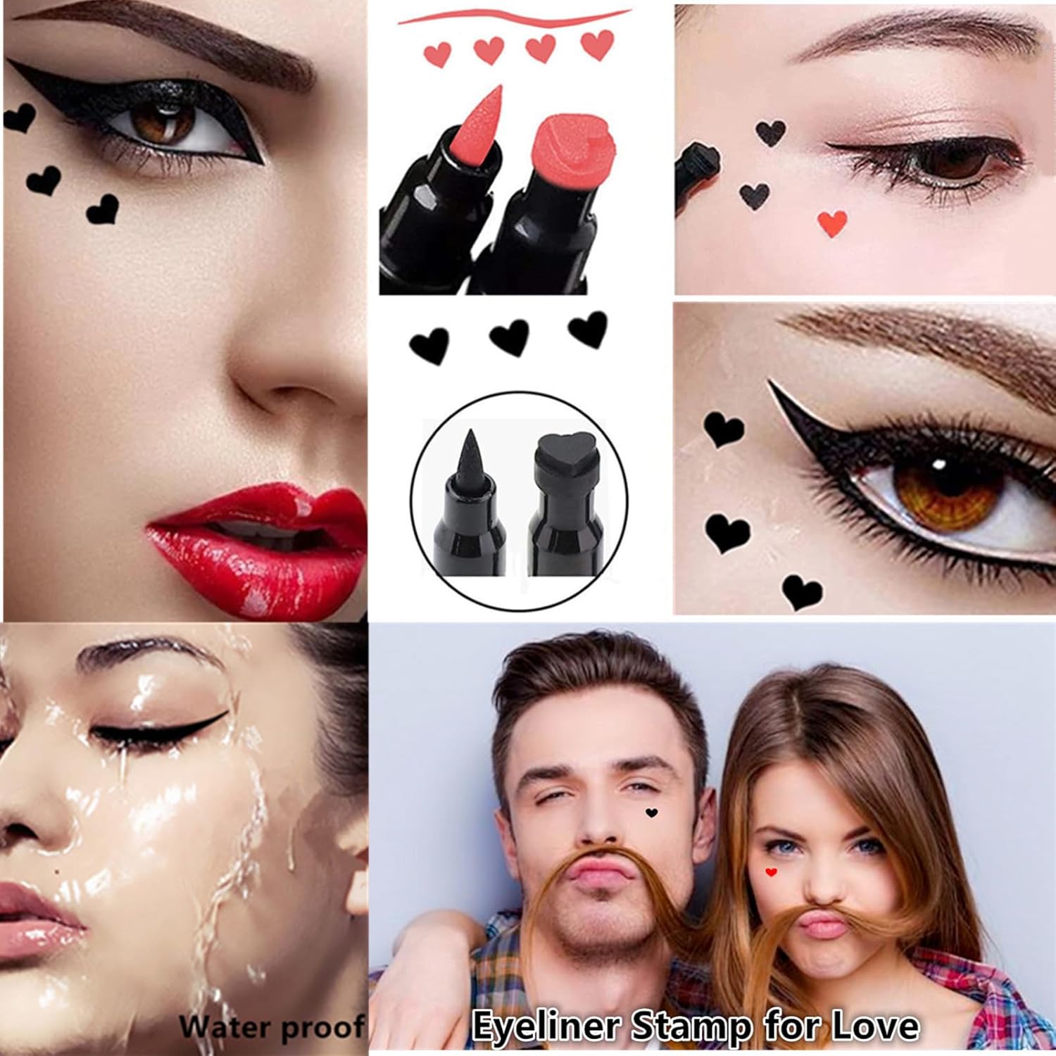 Go Ho 2 PCS Waterproof Liquid Eyeliner Stamps,Double-side Black&Red Smudge-proof Eye Liner,Heart Stamp Eyeliner for Halloween Costumes Makeup,Long-lasting Love Tattoo Tools for Valentines Day - Image 2