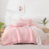 Andency Pink Comforter Set Full, 3 Pieces Lightweight Soft Rustic Pink Ruffle Comforter Women Girls, Solid Farmhouse Shabby Chic Microfiber Bedding Comforter Set - Image 2