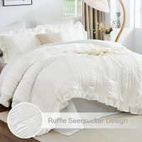 WONGS BEDDING Queen Comforter Set,White Cute Ruffle Comforter for Queen Bed, 7 Pieces Bed in a Bag Seersucker Shabby Chic Bedding Set 90"×90" - Image 2