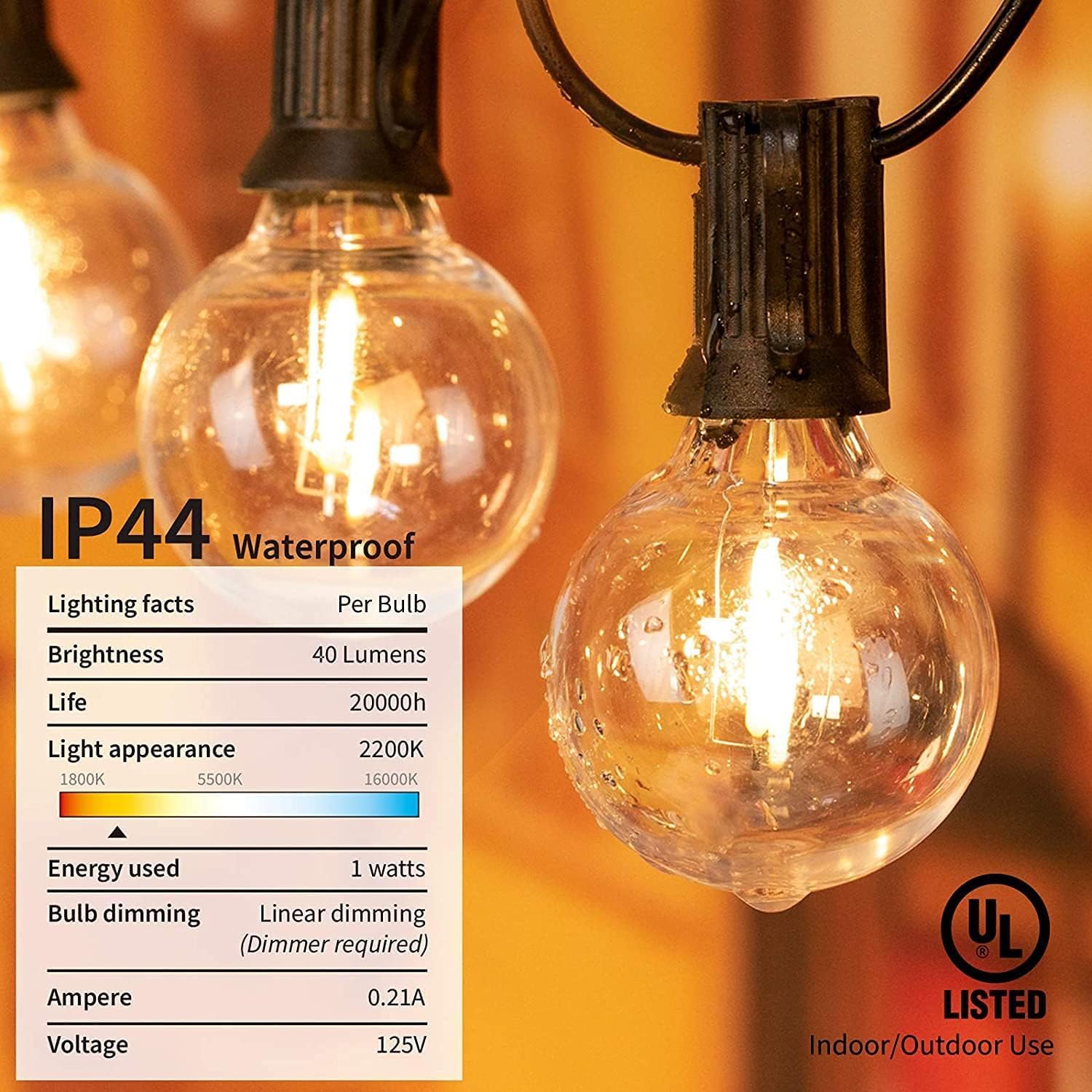 Brightown Led String Lights Outdoor 55Ft G40 Patio Lights with 52 Led Shatterproof Bulbs(2 Spare), Waterproof Led Globe Hanging Lights for Backyard Porch Bistro Balcony Decor, E12 Socket, 2200K - Image 8