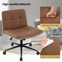 Giantex Criss Cross Chair with Wheels, PU Leather Cross Legged Office Chair, Height-Adjustable Swivel Vanity Chair with U-Shaped Seat, Armless Wide Desk Chair for Home, Office, Make Up, Brown - Image 7