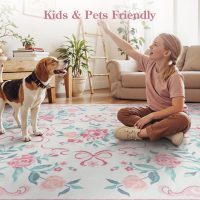 Collive Pink Floral Rugs for Bedroom Girls, 5x7 Bow Nursery Rug for Dorm Washable Area Rug for Living Room, Cute Ultra-Thin Non Slip Indoor Decor Carpet for Kids Room Playroom (Pink 5' x 7') - Image 4