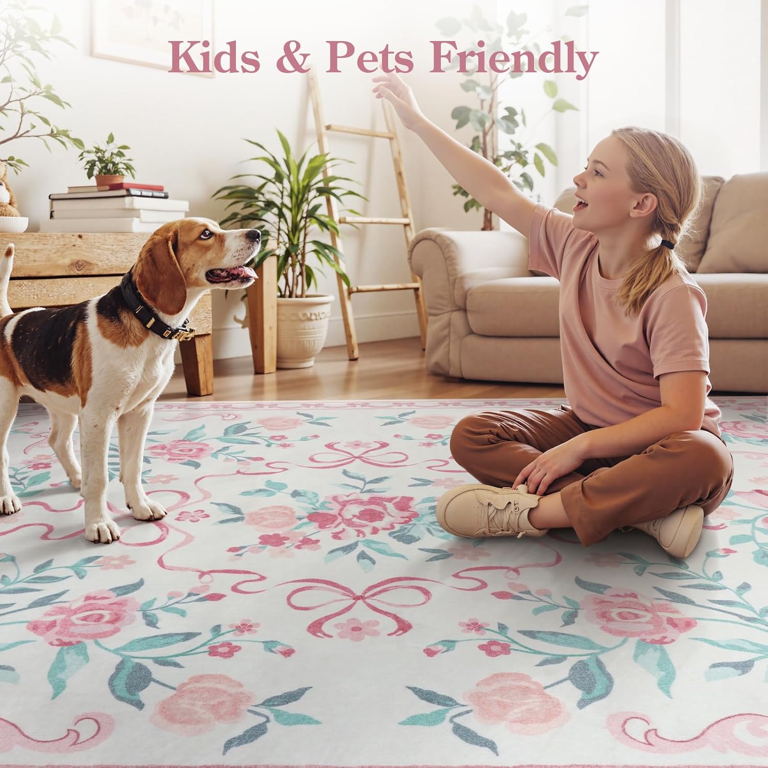 Collive Pink Floral Rugs for Bedroom Girls, 5x7 Bow Nursery Rug for Dorm Washable Area Rug for Living Room, Cute Ultra-Thin Non Slip Indoor Decor Carpet for Kids Room Playroom (Pink 5' x 7') - Image 4
