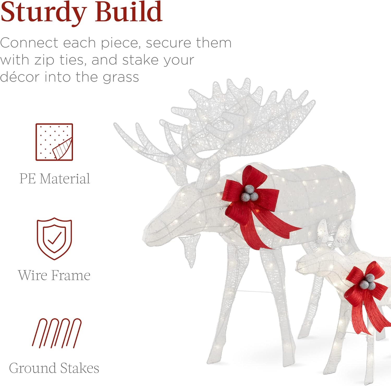 Best Choice Products 2-Piece Moose Family, Lighted Outdoor All-Weather Christmas Yard Decoration Light-Up Décor Set w/ 170 LED Lights, Ground Stakes, Zip Ties - White - Image 4