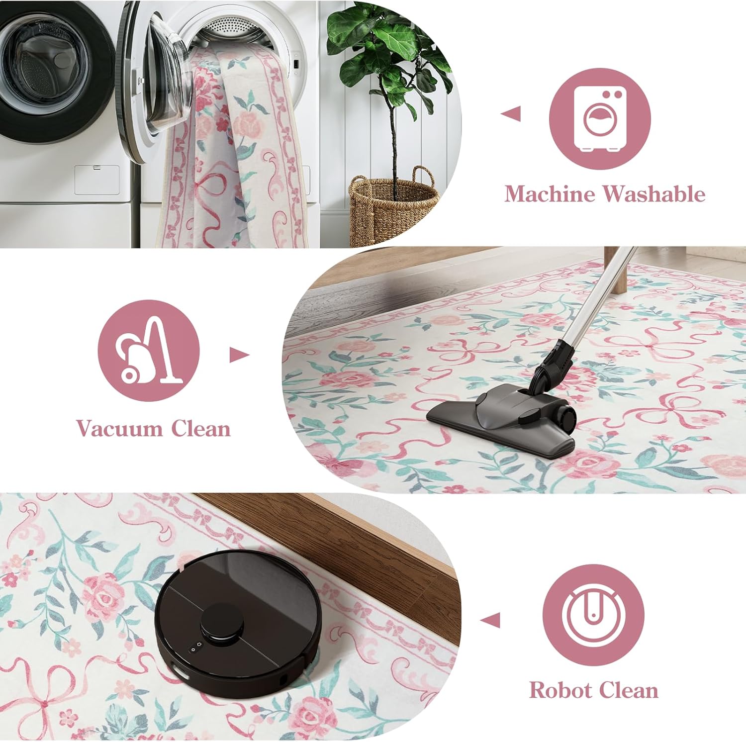 Collive Pink Floral Rugs for Bedroom Girls, 5x7 Bow Nursery Rug for Dorm Washable Area Rug for Living Room, Cute Ultra-Thin Non Slip Indoor Decor Carpet for Kids Room Playroom (Pink 5' x 7') - Image 6