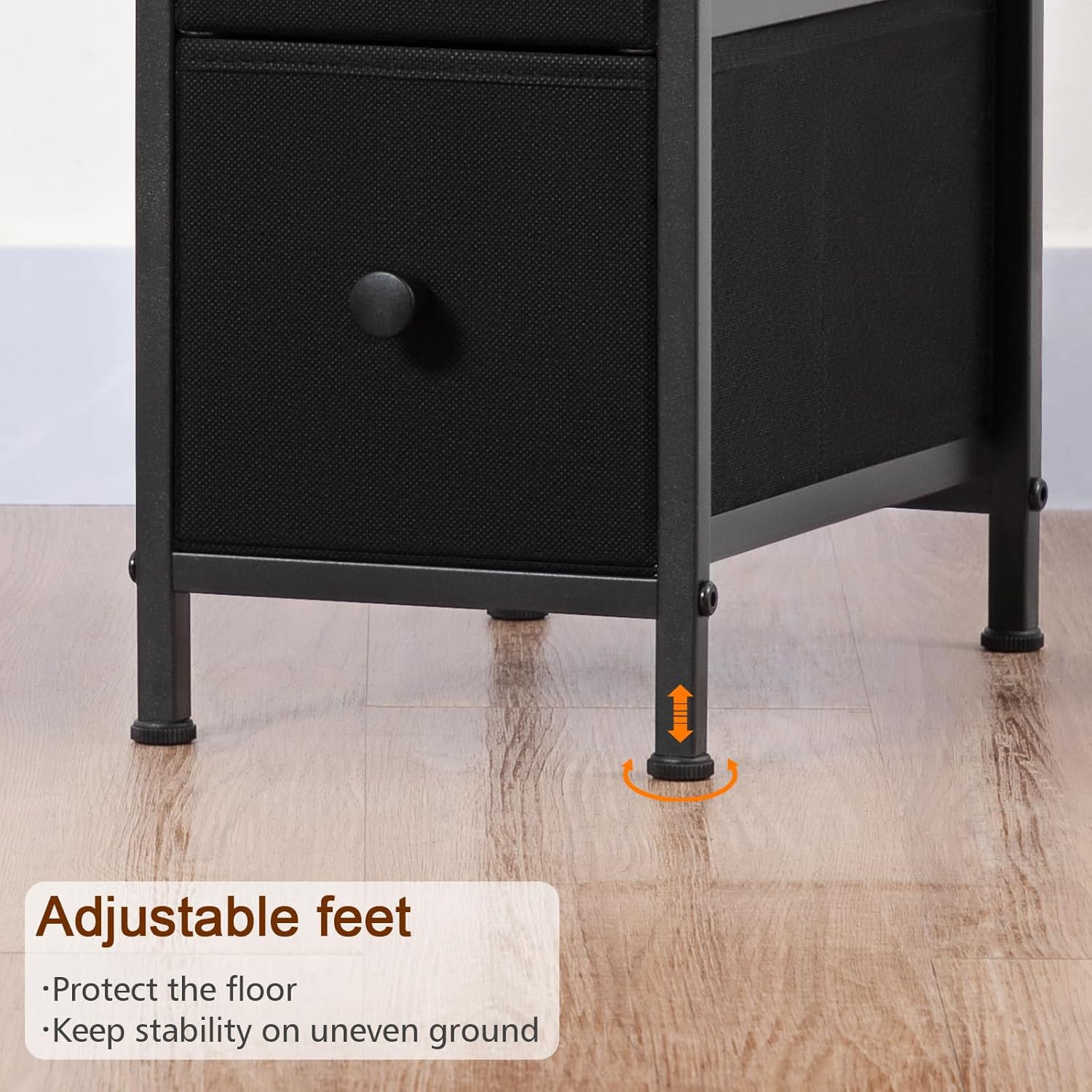 Narrow End Tables Living Room Set of 2 with Charging Station, Skinny Side Table with Fabric Drawers, Slim Nightstand for Bedroom, Small Spaces, Couch, Black, HETNDP03BK - Image 9
