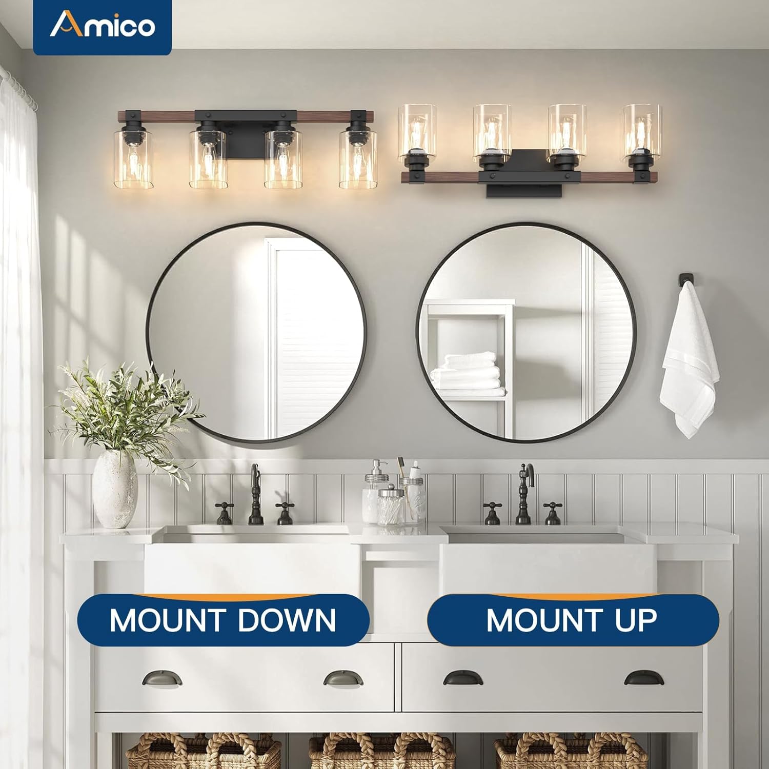 Amico 4-Light Bathroom Vanity Light Fixtures, Rustic Industrial Painted Wood Farmhouse Light fixtures, Vintage Black Wall Sconces Bathroom Vanity Lighting with Clear Glass Shade - Image 5