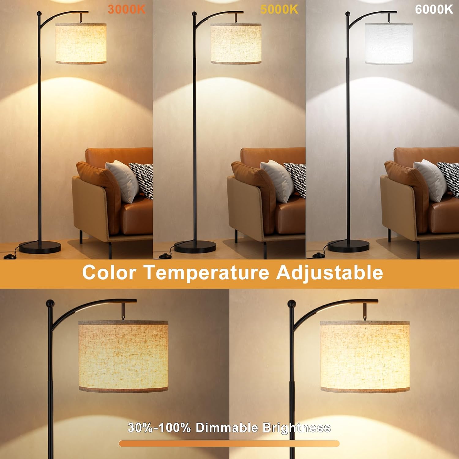 Ambimall 60" Floor Lamp with Remote Control and Stepless Dimmable Bulb, Colors Temperature & Brightness Adjustable, Modern Floor Lamps for Living Room(Beige Shade & Black Pole) - Image 4