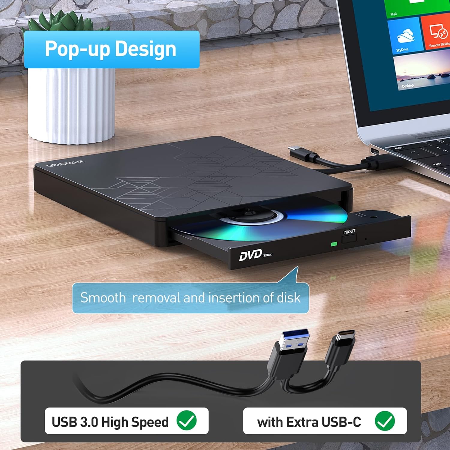 External DVD Drive, CD Drive USB 3.0 Typle C CD/DVD ROM +/-RW Adapter with USB Port DVD Burner for Laptop PC Desktop Computer, Optical Disk Drive CD Player Compatible with Mac Windows Linux - Image 3