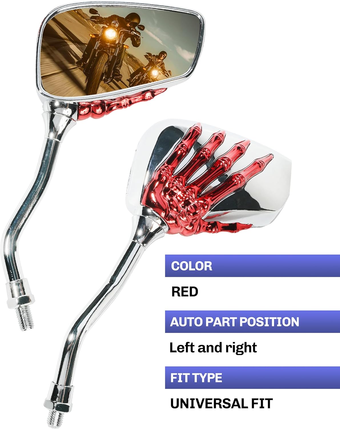 Pairs of Motorcycle Mirrors,Universal 8mm 10mm Motorcycle Rear View Mirrors,Car Accessories Skull Skeleton Hand Bike Mirror,Rearview Side Mirror for Motorcycle Bike (Red) - Image 5