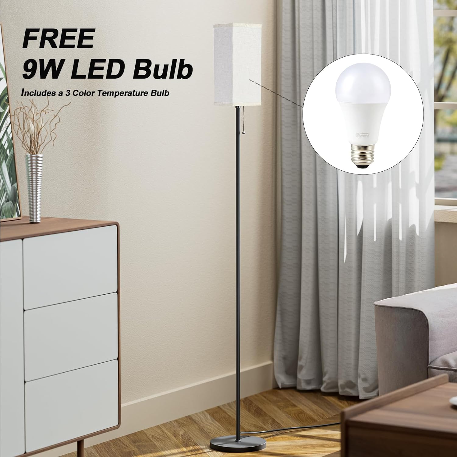 Floor Lamps for Living Room, Modern Standing Lamp with Pull Chain Switch, 3 Color Temperature Black Pole Lamp with Lampshade, 9W LED Bulb Tall Lamps for Bedroom Office Kid Room - Image 4
