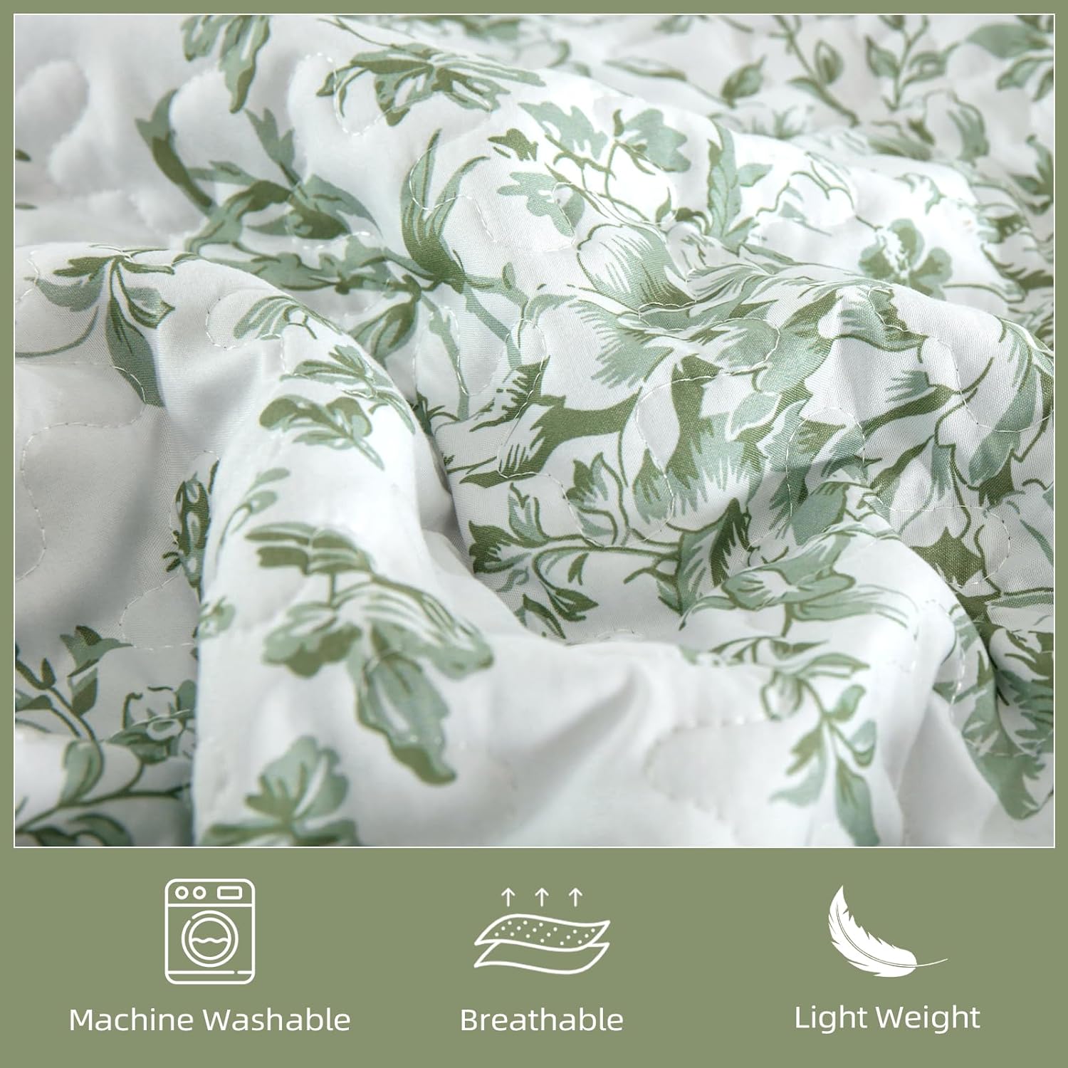 WONGS BDEEING Quilt King Size, Sage Green Quilt Bedding Set with 2 Pillowcases, Botanical Quilt for King Bed, Soft Microfiber Lightweight Coverlet Bedspread for All Season (110"×90", 3 Pieces) - Image 5
