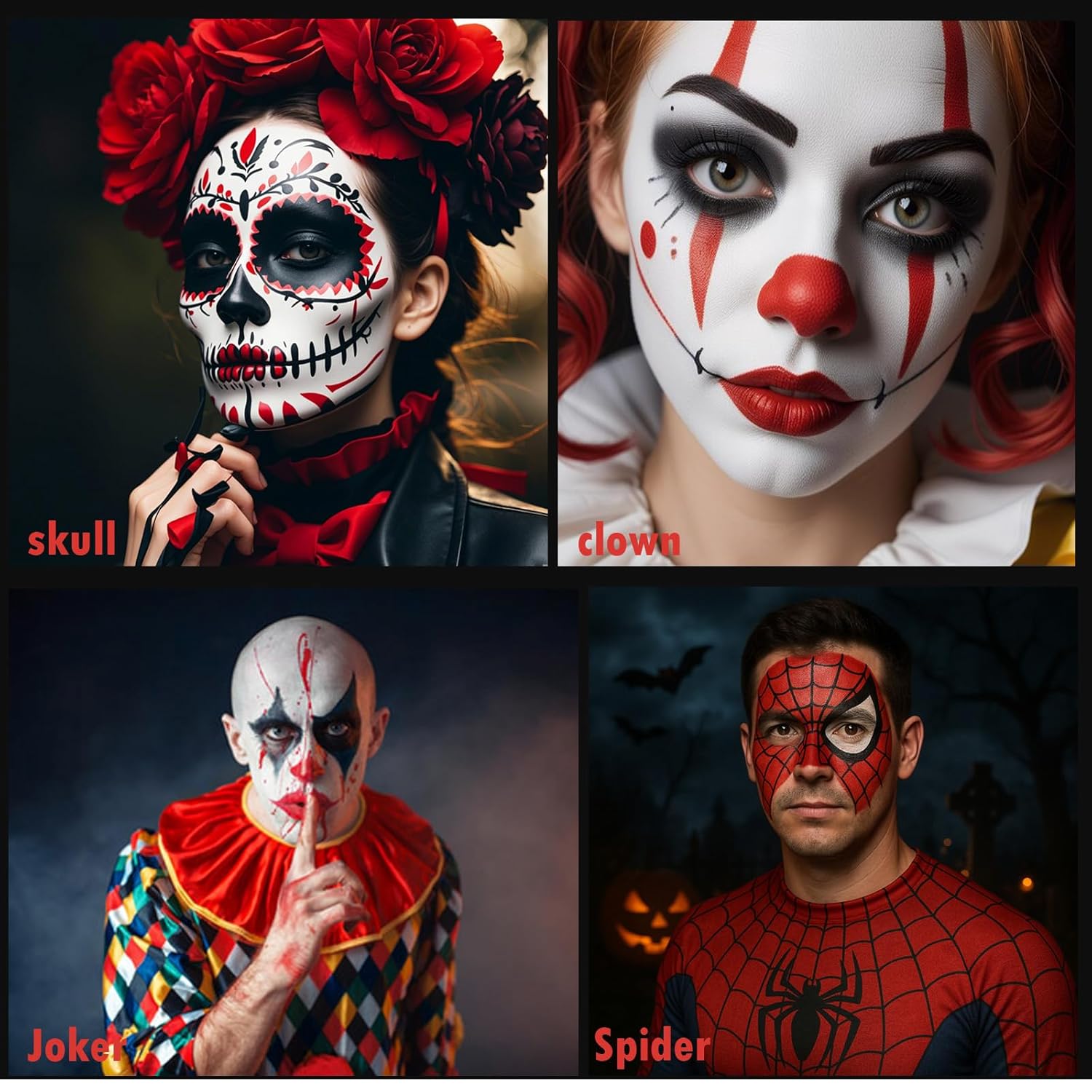 Black White Red Face Body Paint 1.01 oz/pc with 3 Sponges,Water Based Face Paint Kit for Clown Joker Devil Vampire Skeleton Cosplay Makeup,Halloween SFX Makeup Cream Face Painting,3.03 oz - Image 4
