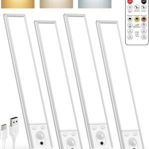Under Cabinet Lighting Wireless, 2200mAh Rechargeable Battery Operated Motion Sensor Light Indoor, 3 Color Temps Under Counter Light, Dimmable Wireless Closet Lights w/Remote for Kitchen,Pantry,4 Pack