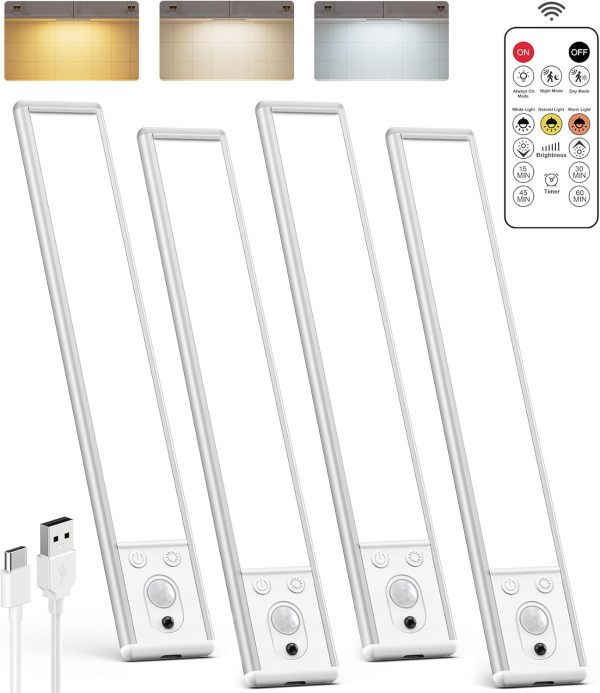 Under Cabinet Lighting Wireless, 2200mAh Rechargeable Battery Operated Motion Sensor Light Indoor, 3 Color Temps Under Counter Light, Dimmable Wireless Closet Lights w/Remote for Kitchen,Pantry,4 Pack