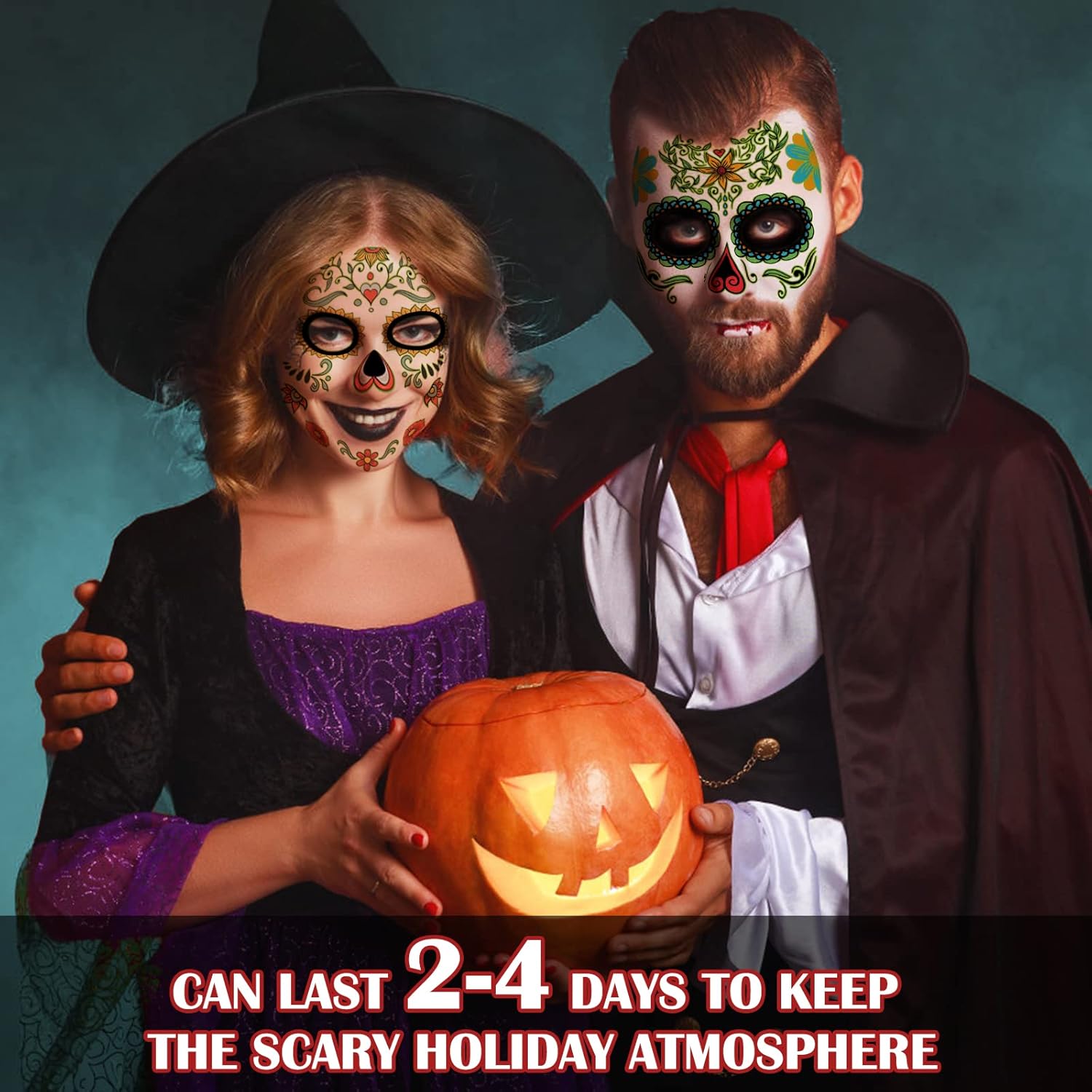 Day of the Dead Face Tattoos Makeup Kit, 10 Pack Halloween Sugar Skull Red Roses Temporary Tattoos for Adults Women Men Kids, DIY Skull Full Face Mask Stickers for Halloween Party Cosplay Supplies - Image 8