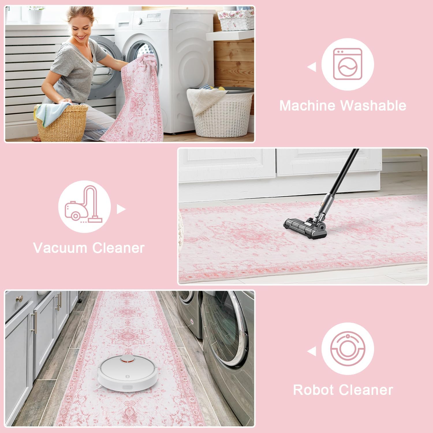 Area Rug - 5x7 Vintage Floral Honeycomb Non Slip Backing Carpet - Pink Softer Thicker Faux Wool Rug - Foldable & Machine Washable Rugs for Living Room Bedroom Nursery Room Home Office - Image 8