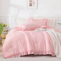 Andency Pink Comforter Set Full, 3 Pieces Lightweight Soft Rustic Pink Ruffle Comforter Women Girls, Solid Farmhouse Shabby Chic Microfiber Bedding Comforter Set - Image 7