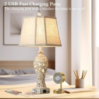 Set of 2 Rustic Table Lamps for Living Room Bedroom, Farmhouse Vintage Nightstand Lamp with 2 USB Ports, Hollow Out Resin Lamp for End Table with Nightlight, Bulbs Included (Wash White) - Image 2