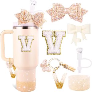 White Cup Accessories Set for Stanley 30OZ & 40OZ Tumbler with Handle, Letter Charms, Bow & Diamond Straw Covers, Glitter Silicone Boot, Personalized Sticker for Stanley Cup Accessories (V)