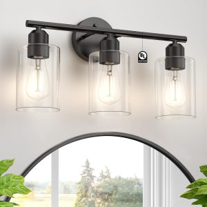 Espird Bathroom Vanity Light Fixtures Matte Black Bathroom Lighting Fixture, 3 Lights Bathroom Light Fixture Over Mirror, Modern Black Vanity Light, UL Certified Wall Sconces with Glass Shades