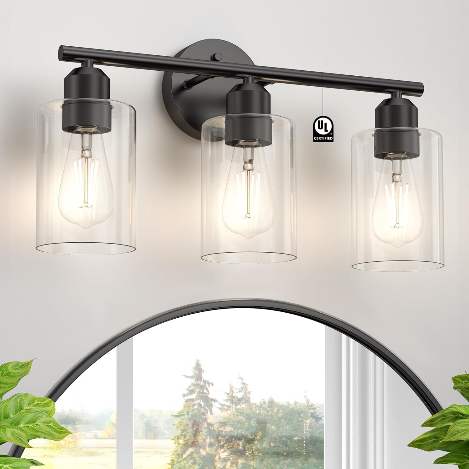 Espird Bathroom Vanity Light Fixtures Matte Black Bathroom Lighting Fixture, 3 Lights Bathroom Light Fixture Over Mirror, Modern Black Vanity Light, UL Certified Wall Sconces with Glass Shades