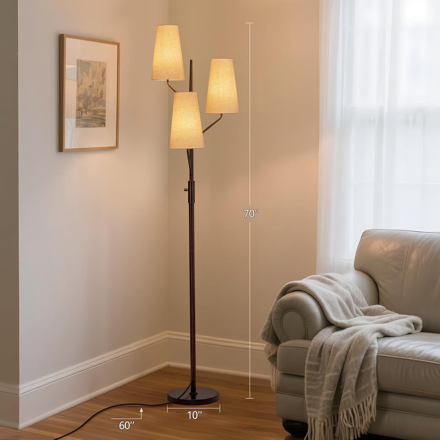 Floor Lamp for Living Room, 70" Tall Farmhouse Standing Lamp with Linen Shades, Industrial Rustic Tree Floor Lamps for Bedroom, Office and Dining Room(Bulb Not Included) - Image 7