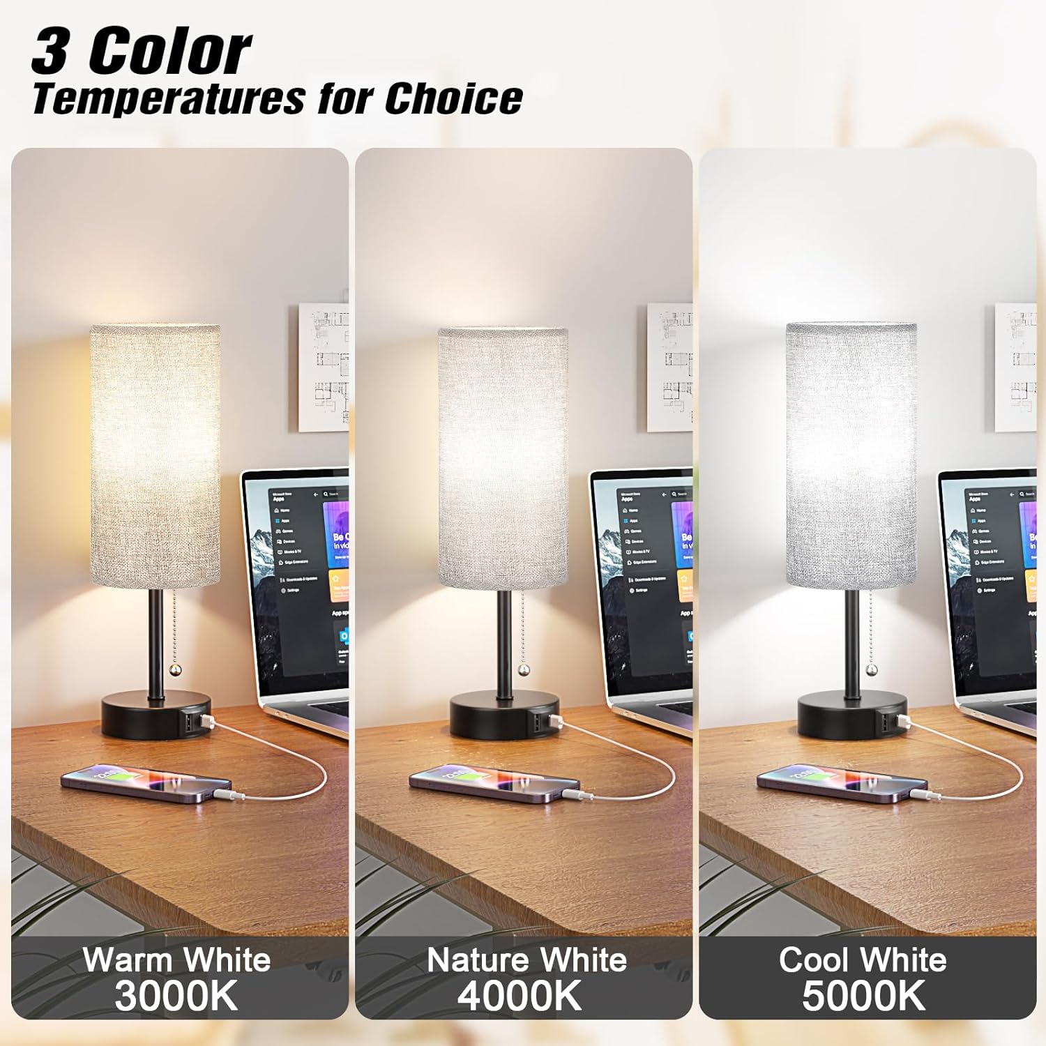 Grey Bedside Lamp for Bedroom Nightstand - Small Table Lamp with USB A + C Charging Port, 3 Color Temperatures Pull Chain Night Stand Light with Bulb, Side Table Desk Reading Lamp for Living Room/Dorm - Image 2
