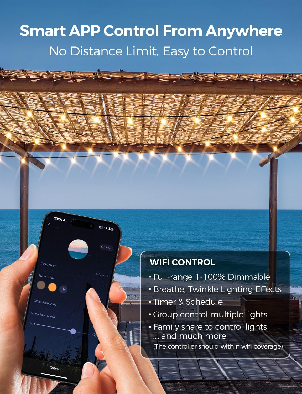 XMCOSY+ Outdoor String Lights, Smart Patio Lights 100Ft Dimmable Outdoor Lights Warm White, 50 G40 LED Bulbs, WiFi String Lights for Outside, Work with Alexa, APP Control, Waterproof Extendable - Image 2