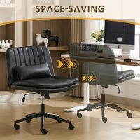 Criss Cross Chair with Wheels, PU Leather Armless Cross Legged Office Desk Chair, Adjustable Swivel Computer Task Vanity Chair with Lumbar Pillow for Home Office, Small Spaces (Black) - Image 6