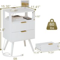 White Nightstand with Charging Station and LED Lights,Modern Bedside Table with 2 Storage Drawer and Open Wood Shelf, for Bedroom and Small Spaces,Night Stand with Solid Wood Legs,White - Image 2