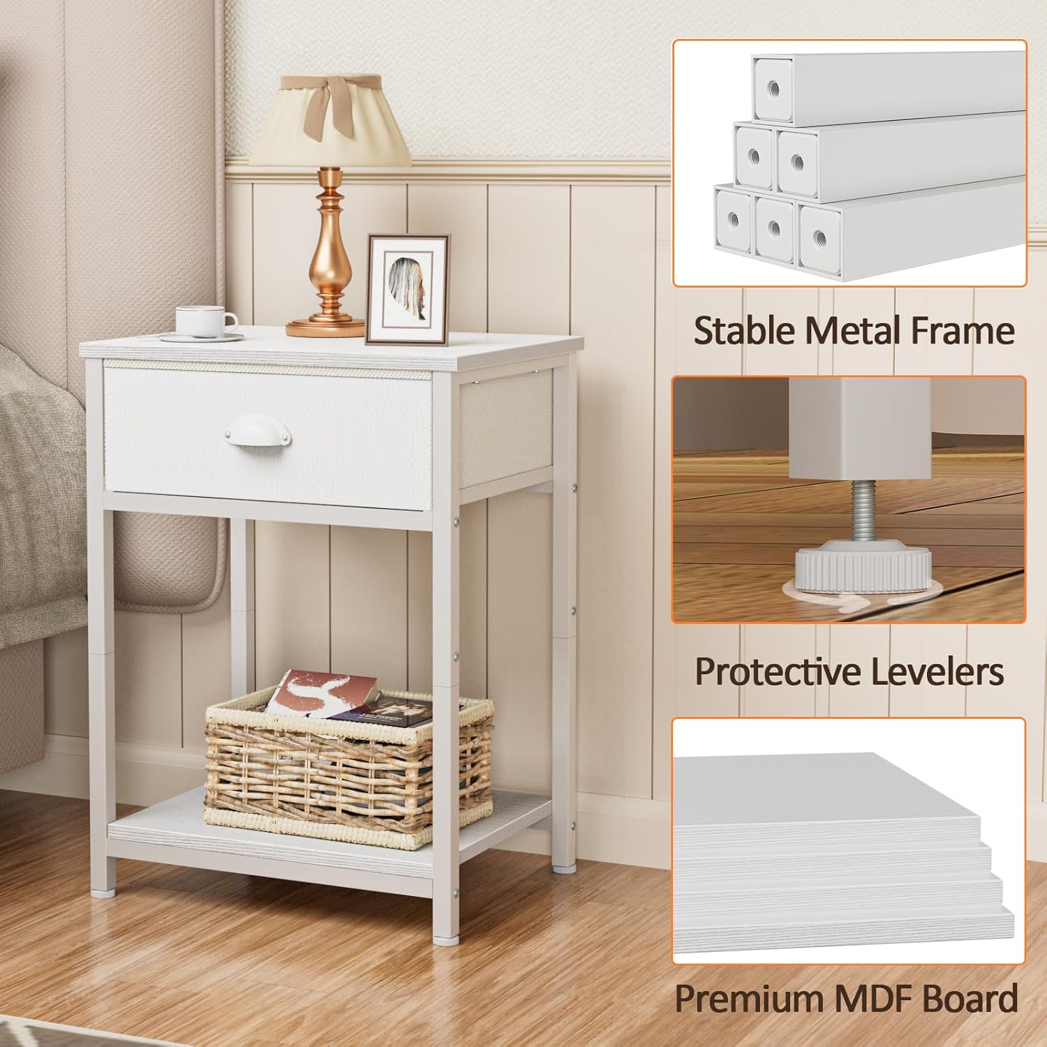Furologee White Nightstands Set of 2, End Table with Fabric Drawer, Small Side Table for Small Spaces, 2 Tiers Storage Shelves End Table, Bedside Table for Living Room, Bedroom, Dorm - Image 5