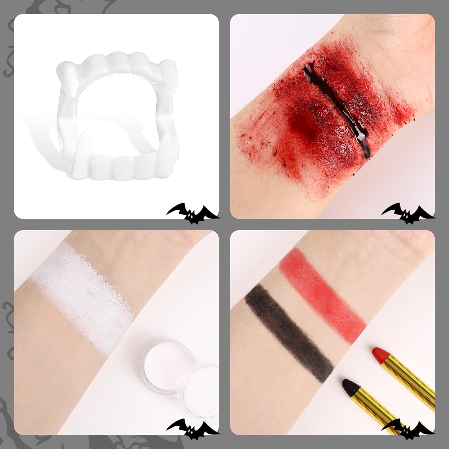 BOBISUKA Halloween Vampire Makeup Kit with White Face & Body Paint, Fake Blood, Black and Red Face Paint Crayon and Fake Teeth SFX Makeup Set for Zombie Wounds Clown Cosplay Special Effects Makeup - Image 4