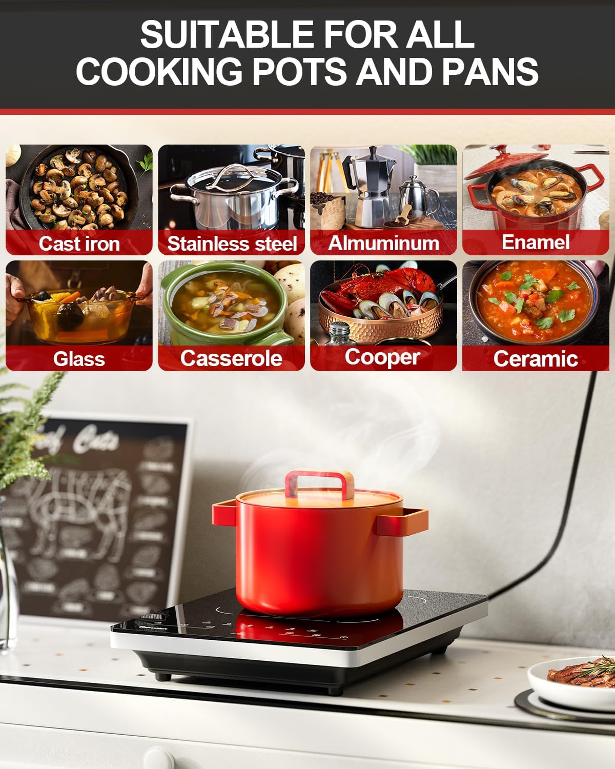 Portable Electric Stove,110V Single Burner Electric Cooktop, Countertop Burner Hot Plate with 6 Preset Functions,10 Power Levels,LED Touch Control, Child Lock &Timer - Image 5