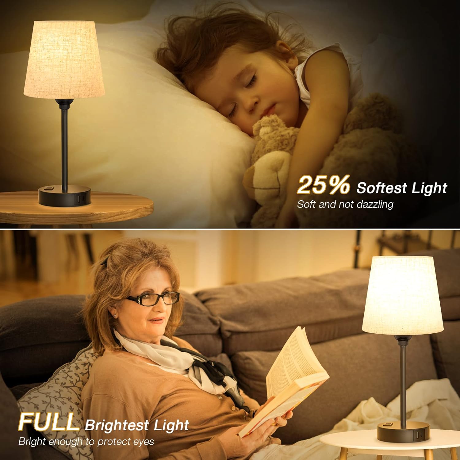 Mini Bedside Lamps for Bedrooms Set of 2 - Nightstand Bedroom Lamps with USB C Port and AC Outlet Charging, Dimmable Touch Small Bed Side Table Lamp, Black Night Stand Light for Kids/Guest Room - Image 4